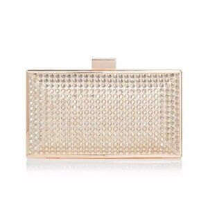 NEW! AQUA Crystal Embellished Minaudiere Clutch Gold